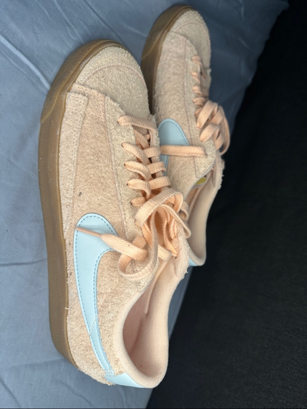 Nike Women's Peach Suede Sneakers with Light Blue Swoosh (no box)